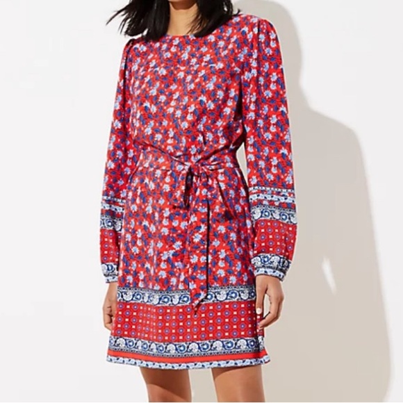 LOFT Dresses & Skirts - Loft Red Border Floral Tie Waist Dress- Size XSP
